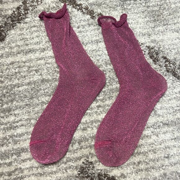Anthropologie Ruffle Lurex Glitter Socks Pink Glitter - Picture 4 of 4